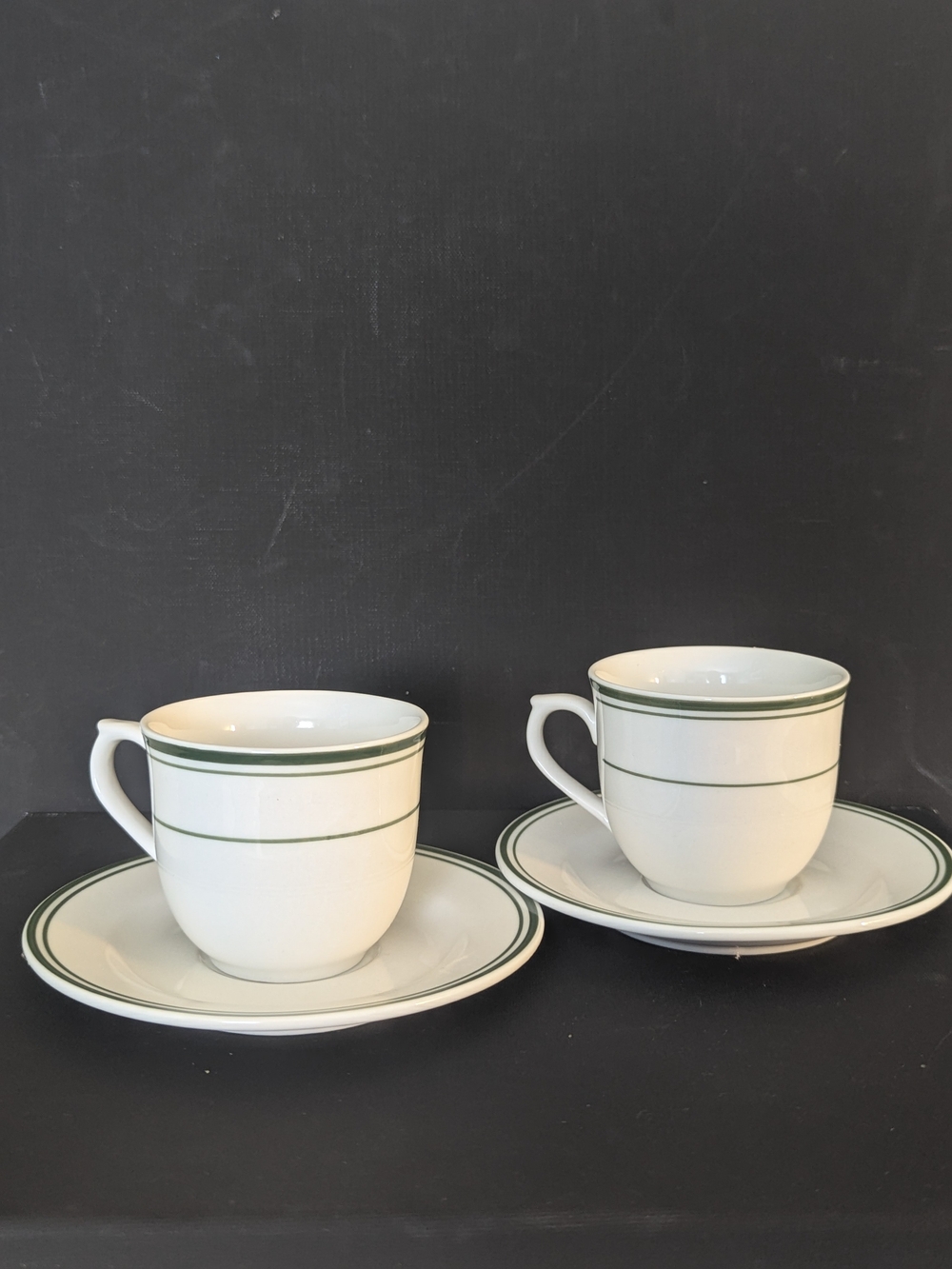 Marcady Classic White Teacup and Saucer Set with Green Banding - Set of 2